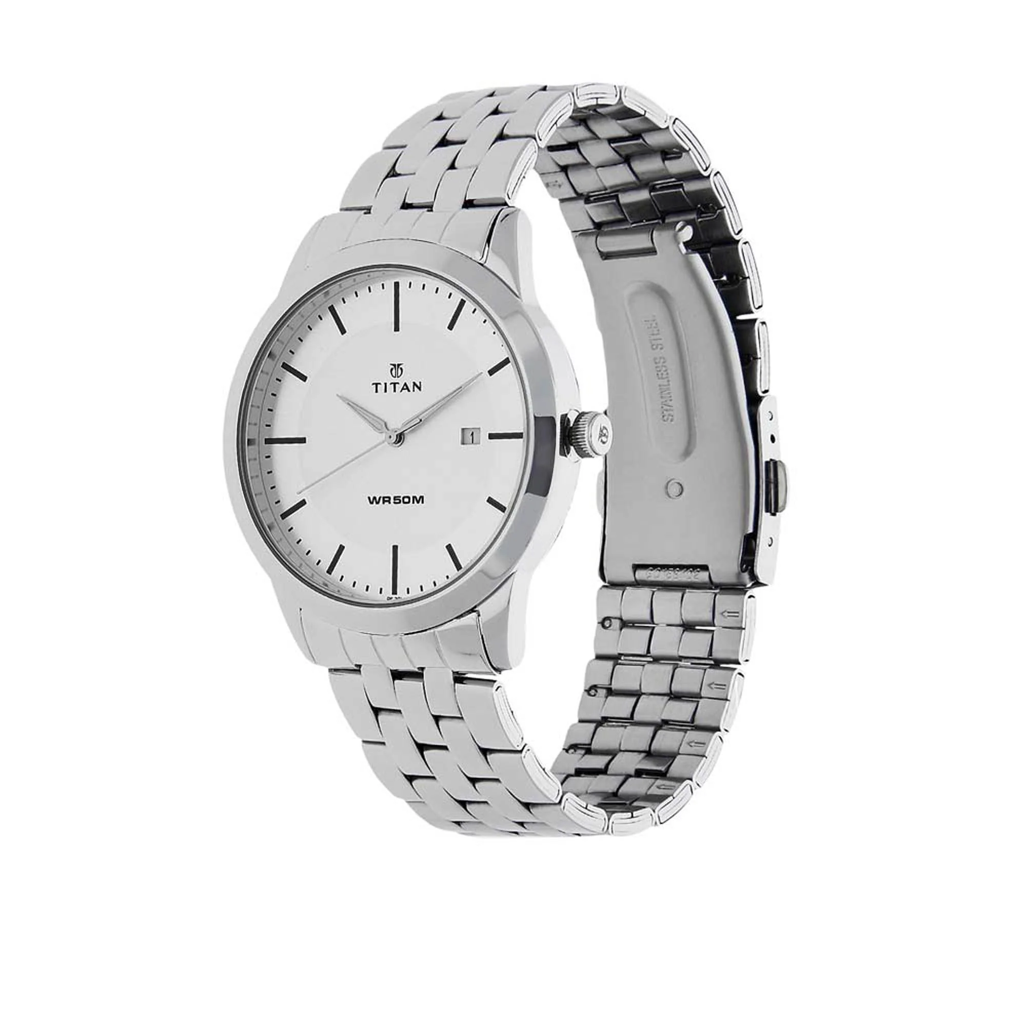 Titan Quartz Analog with Date White Dial Stainless Steel Strap Watch for Men - Image 2